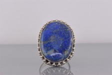 Sterling Silver 30mm Beaded Bezel Blue Lapis Statement Band Ring 925 Sz: 8