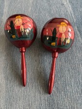 Vintage Colorful Hand Painted Wooden Mexican Fiesta Maracas Red Green Mexico