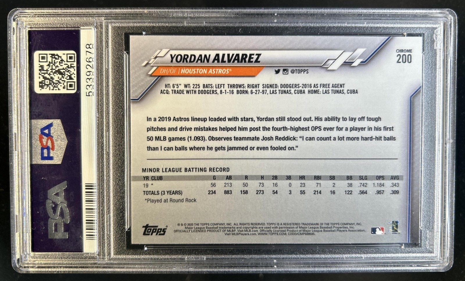2020 Topps Chrome Yordan Alvarez RC Rookie All-Star #200 Astros PSA 10 GEM MINT view 2