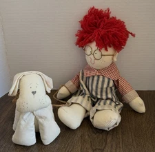 Handmade Boy and His Dog Rag Doll - Red Yarn Hair Freckles & Glasses