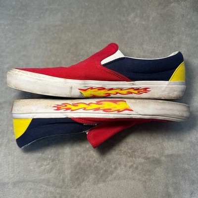 Vans Customs Classic Slip-On Mens 13 Red Navy Yellow Flame Graphic Canvas Skate