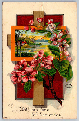 Easter, Religious, Gold Cross, Windmill, Flowers, Vintage Postcard