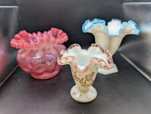 ESTATE LOT FENTON ART GLASS HOBNAIL OPALESCENT ROSALENE VASES RUFFLED FLORAL VTG