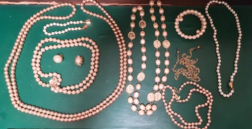 Vintage Faux Pearl Beaded Costume Jewelry Lot All Wearable 10 Piece Necklace Ear