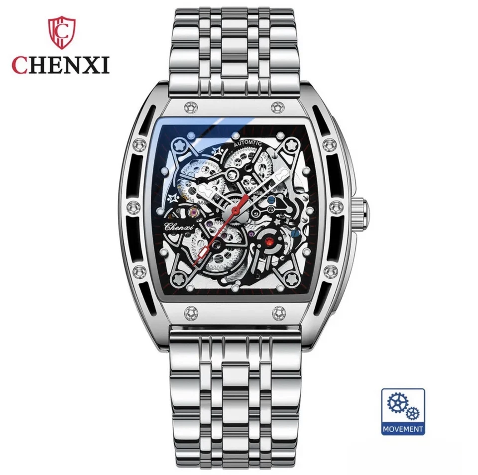 Reloj CHENXI Hombre Esqueleto Automático Mecánico Forma Tonneau Impermeable Regalo Foto 2 de 4