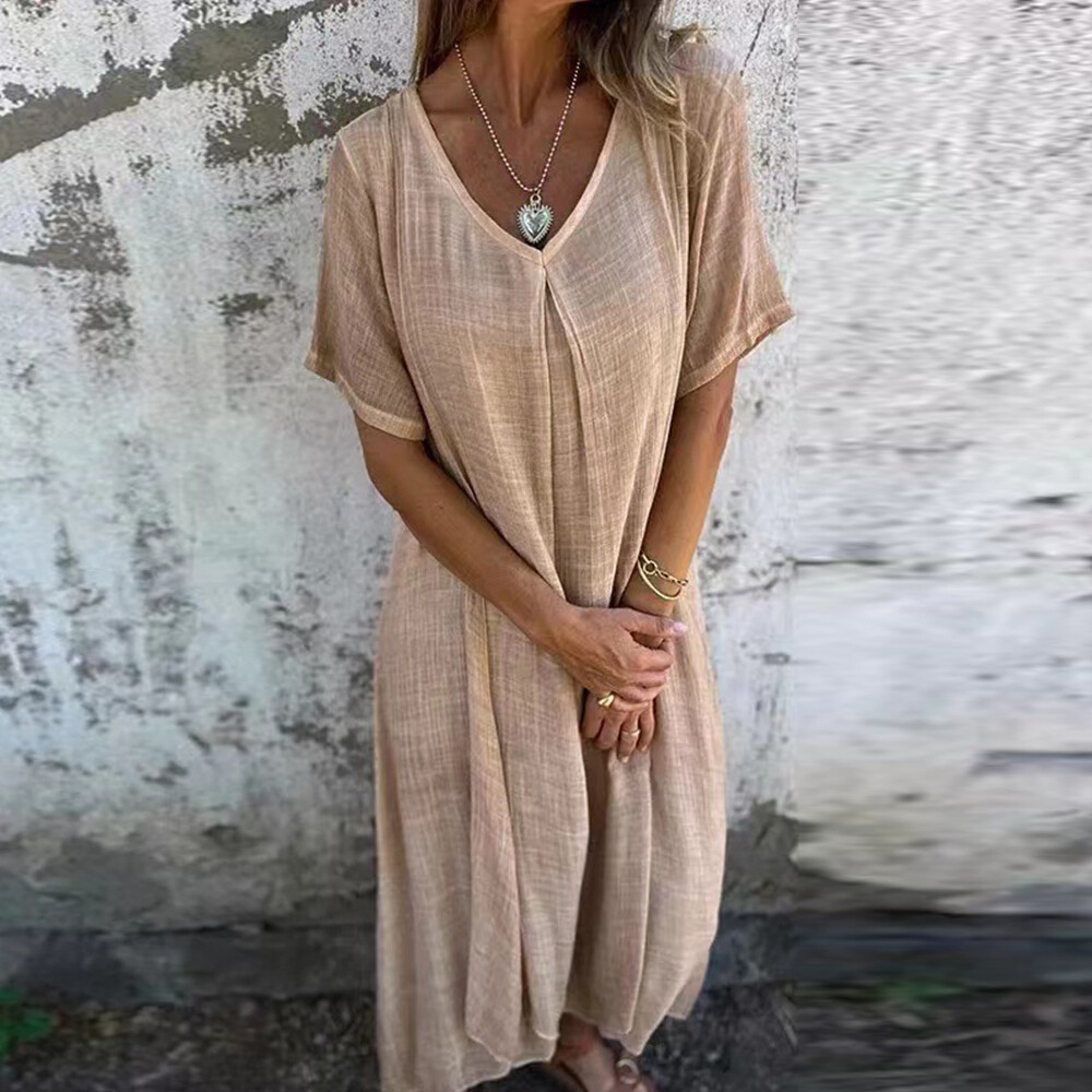 Robe D'été Baggy Pour Femmes Manches Courtes Coton Et Lin Col En V