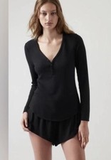 New Athleta Wind Down Sleep Top Sz XL Waffle Knit Henley Long Sleeve Black NWT