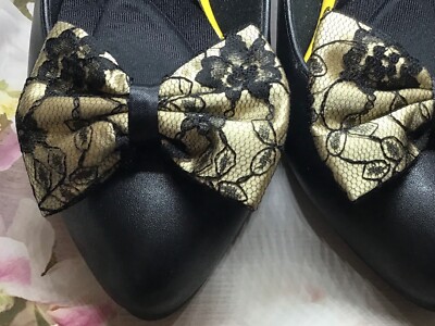 PAIR GOLD SATIN BLACK FLORAL LACE SHOE CLIPS GLAMOUR BOWS RETRO
