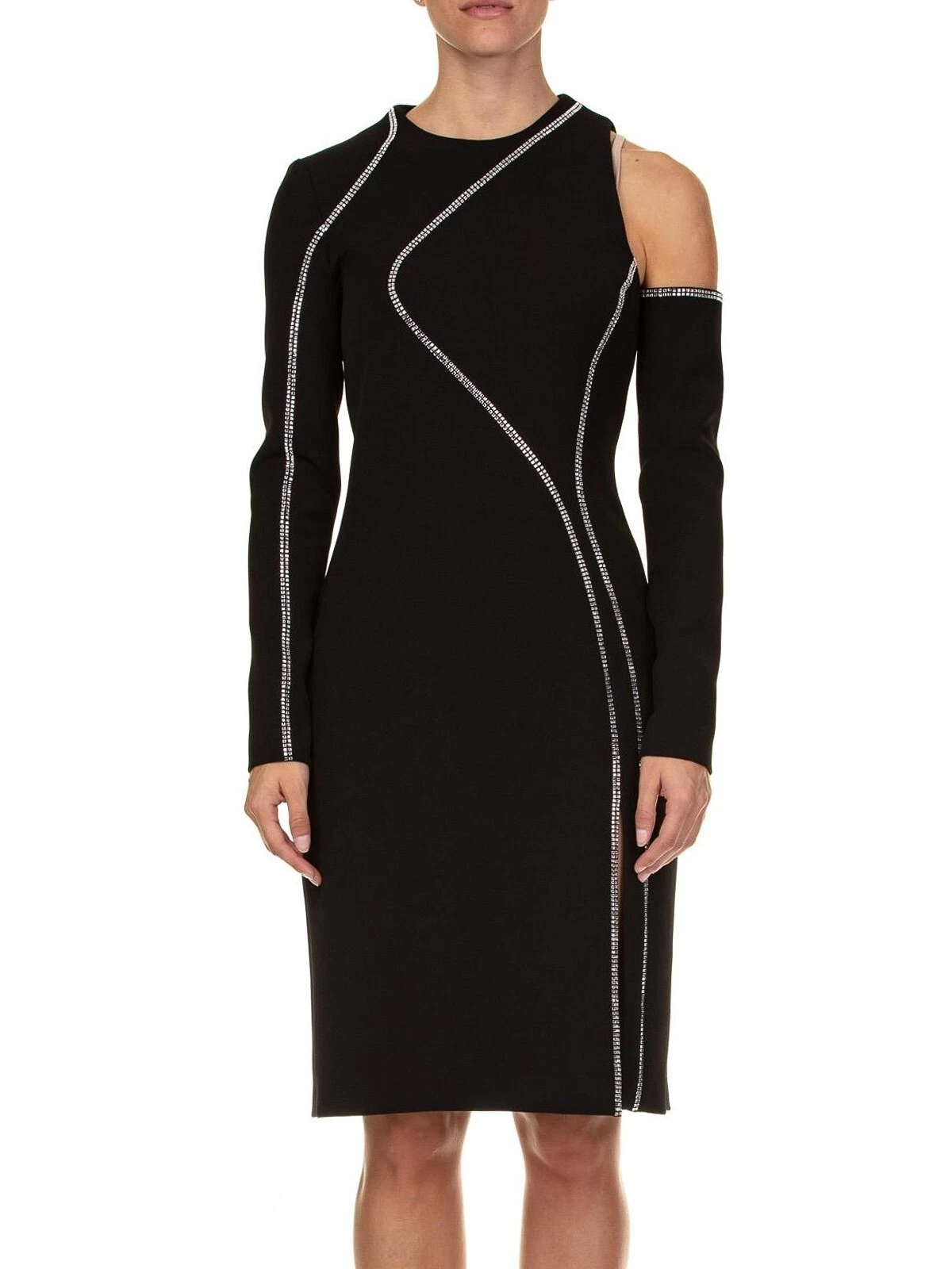 Abito nero con strass asimmetrici Versace collezione 44IT 8U.S MSRP $1100 nuovo con etichette