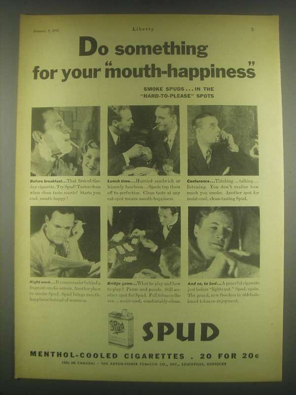 20 cigarettes in mouth 1932 Spud Cigarettes Ad