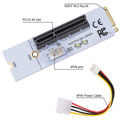 1X M.2 Key M NGFF to PCI-E 4X Adapter Card 4 PIN Power Cable (2 Pack) Riser Card