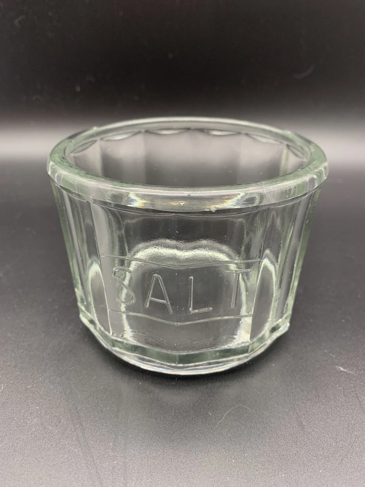 HOOSIER STYLE Salt Jar or Dip Dish Paneled Pattern Clear Glass 3 1/4”