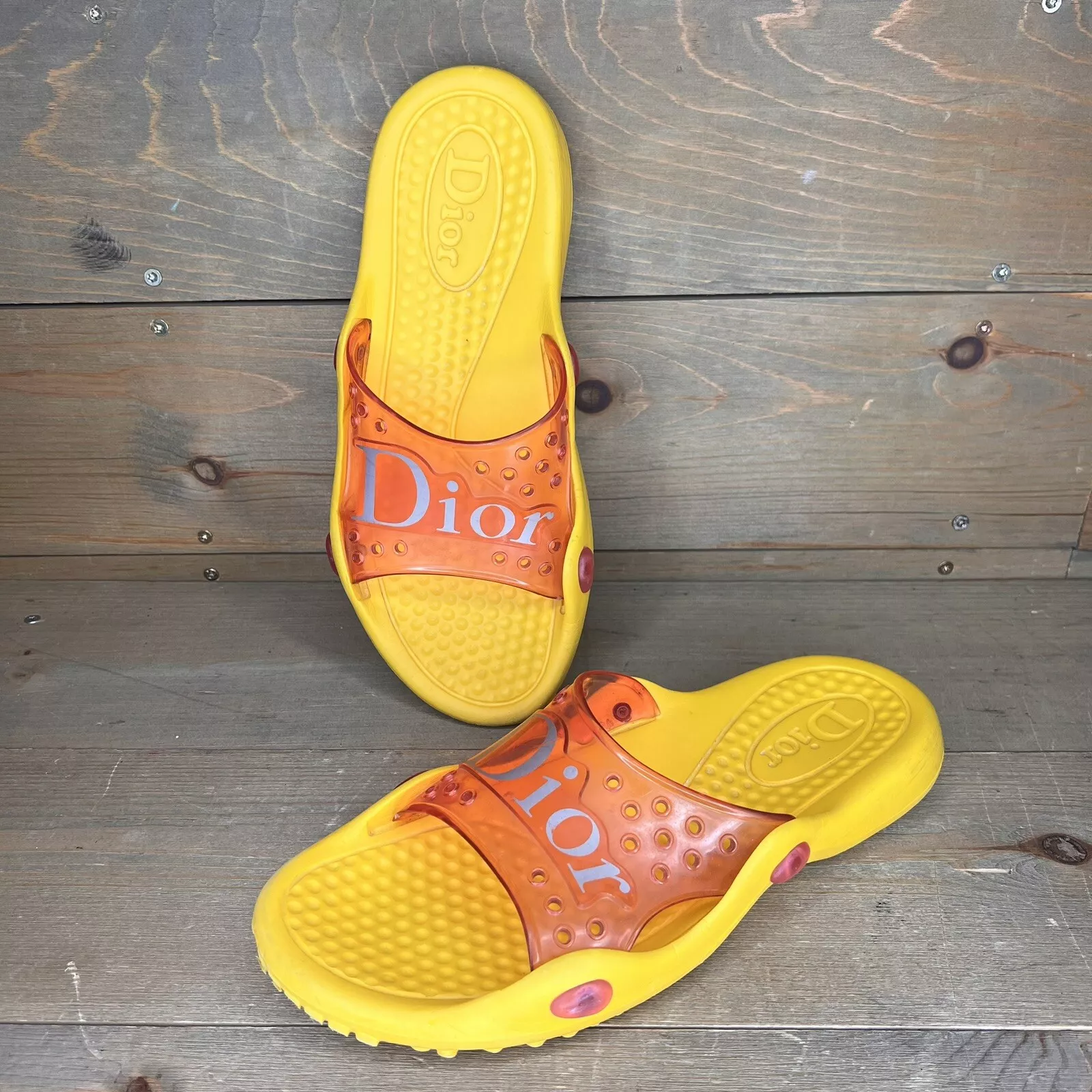 Sandales vintage Christian Dior caoutchouc slides jaune Italie EU taille 42 homme US 9