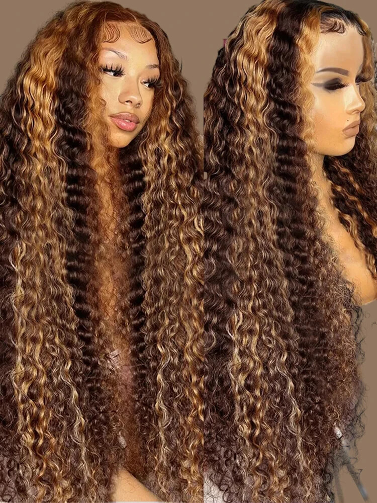 13x4 Glueless Highlight Curly Human Hair Wig with Pre-Plucked 7x5 Lace Closure
