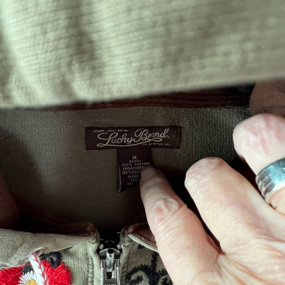 Lucky Brand Hooded Jacket Size M Women Hippy Embroidered Flower Full