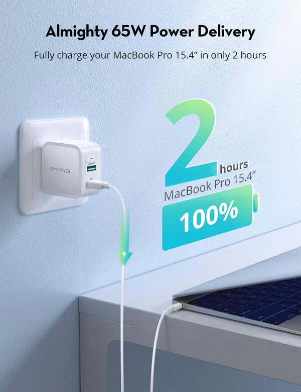 Cargador de pared RAVPOWER RP-PC133 ultra compacto 65 W doble puerto USB-A y C GaN Tech Foto 4 de 4