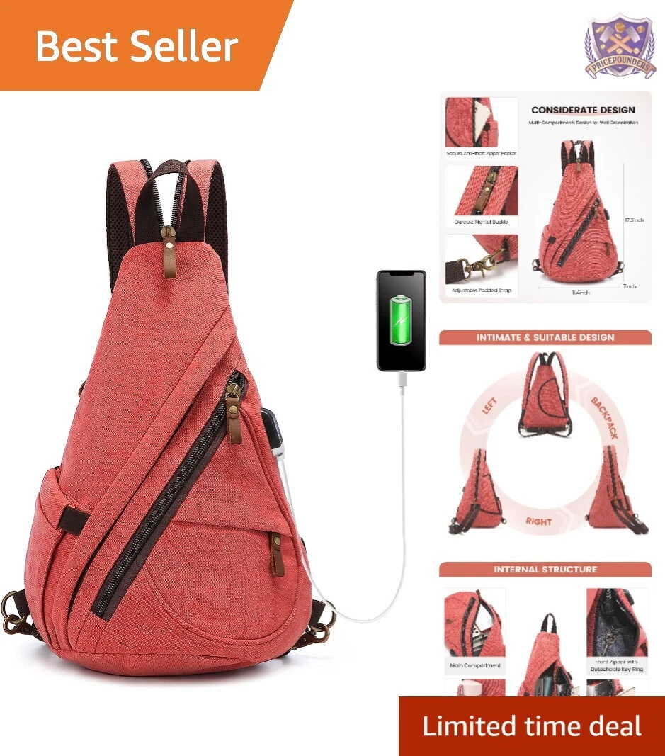 Canvas Sling Bag Multifunctional USB Charging Port Lightweight