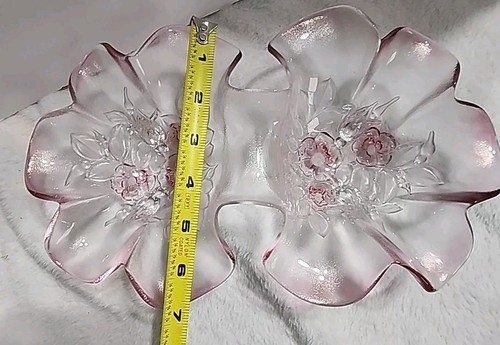 Vintage Frosted Pink Rosella Double Sided Serving Ruffle Top Crystal Bowl - Picture 15 of 17