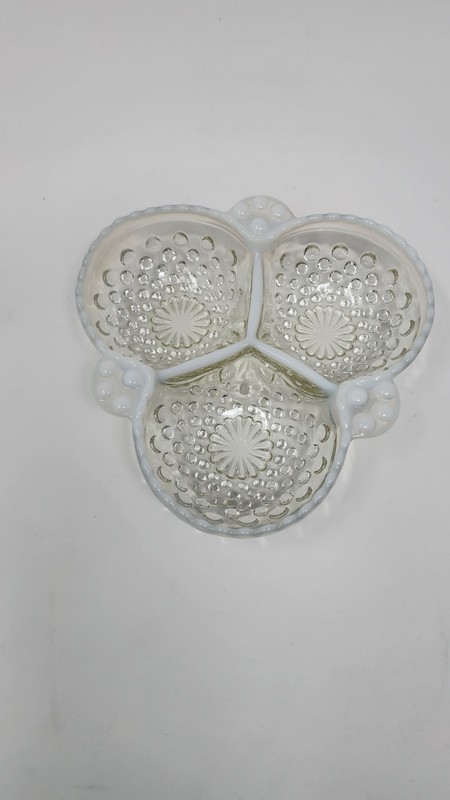 Vintage Fenton Moonstone Hobnail Opalescent 3 Section Relish Dish & Underplate