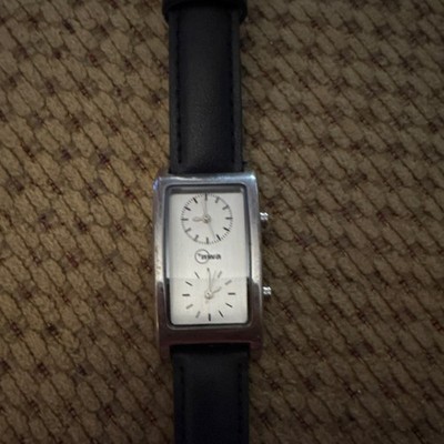 Nivada Dual Dial Rectangle Stainless Steel Watch Black Leather Strap