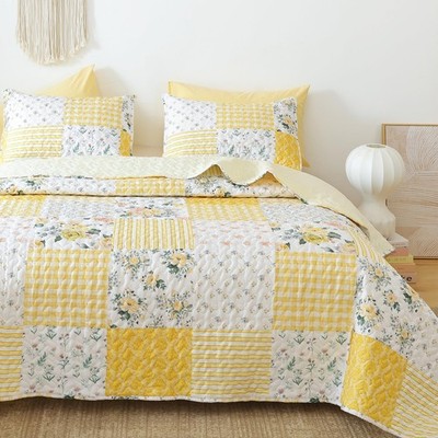 YIKUSH King Size Floral Quilt Set 3 Pieces Bedding Yellow Comforter Bedspread wi