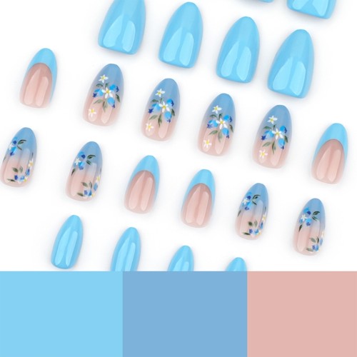 Spring Summer Blue Flower Acrylic Nail 24Pcs Short Almond Style False Nail - Picture 5 of 8