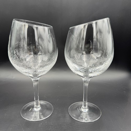 Set 2 Pier 1 One Angled Rim Crackle Goblet White Wine Slant Glasses Clear Lot - Picture 1 of 12