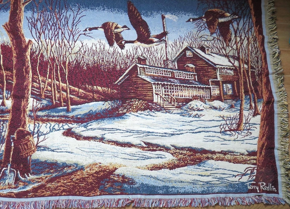 Одеяло Terry Redlin жаккардовое гобеленовое плед 47 дюймов x 68 дюймов загородный дом утки снег - Изображение 2 из 4