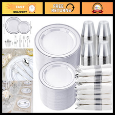 350 PCS White & Silver Disposable Dinnerware Set for 50 Guests - Plates, Napkins