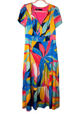 Leslie Fay Women Size 7 Colorful Short Sleeve V-Neck Collared Tiered Shirt Dress