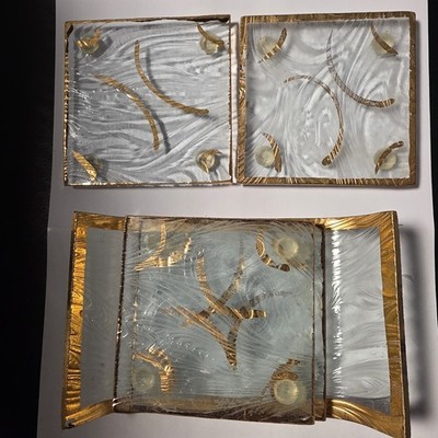 MCM Glass And Gold Set Of 4 Square Coasters On A Glass Tray Hollywood Regency