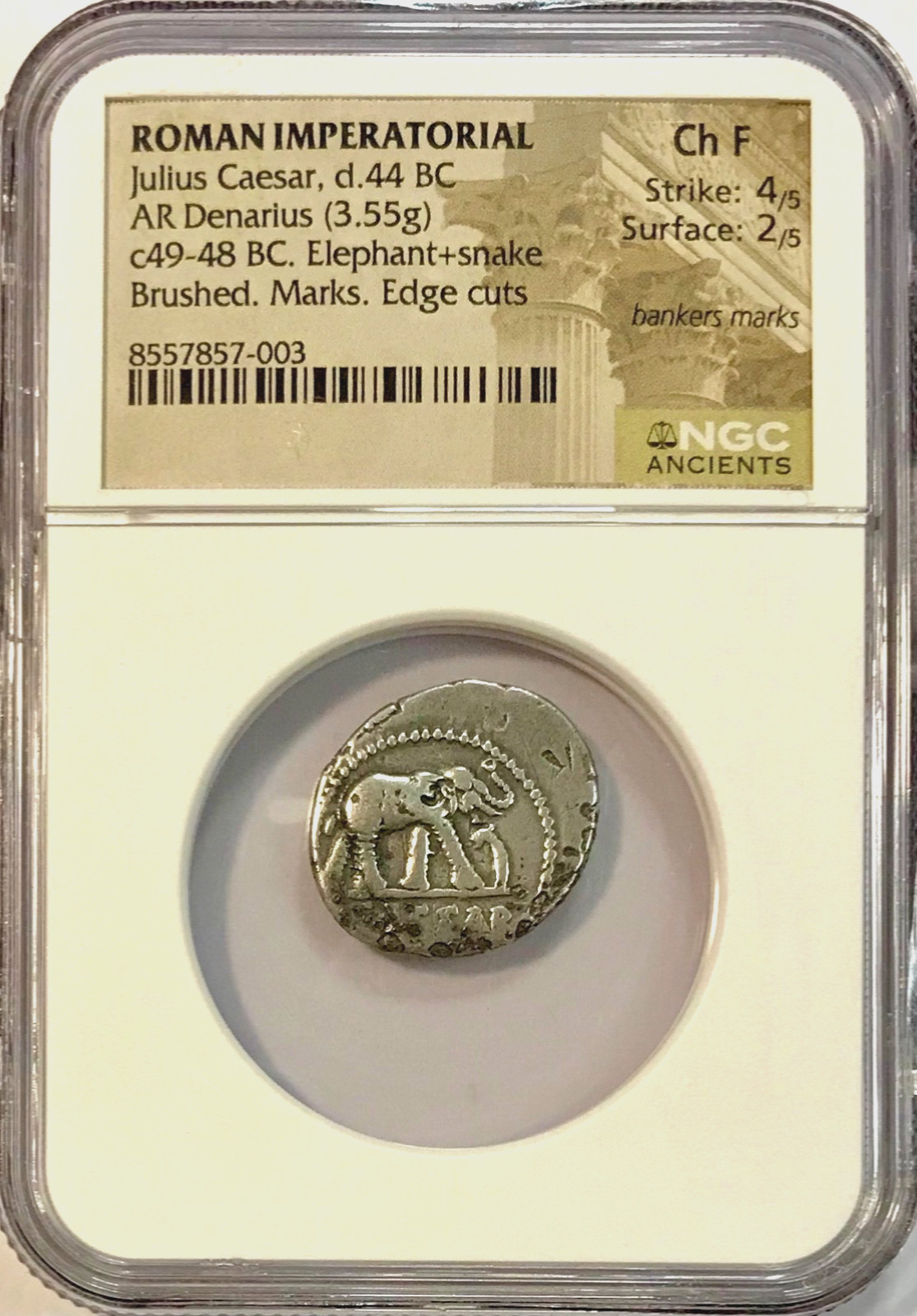 49-44 BC Julius Caesar Elephant Ancient Roman Silver Denarius NGC Choice F Fine
