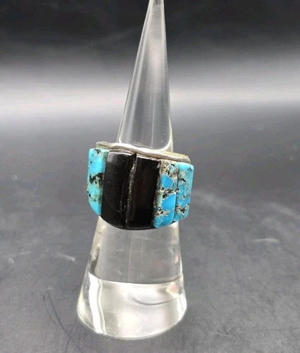 Vintage Navajo Silver Ring Turquoise Onyx Sz 5.5
