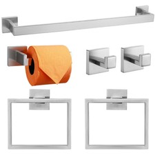 Brushed Nickel 6-Piece Bathroom Hardware Set - Towel Bar, Ring, Hook Holder