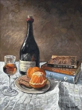 Still Life with Vintage Bottle of French Wine, 2025, Signed: Bancesco
