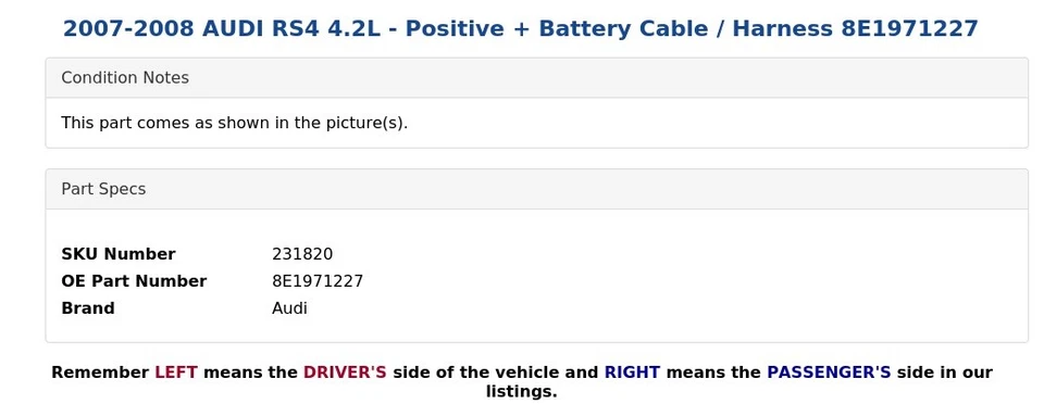 AUDI RS4 2007-2008 4,2 L - positivo + cable de batería/arnés 8E1971227 Foto 3 de 4