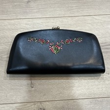 Double Clasp Vtg Clutch Stitched Flowers Baronet Wallet Black