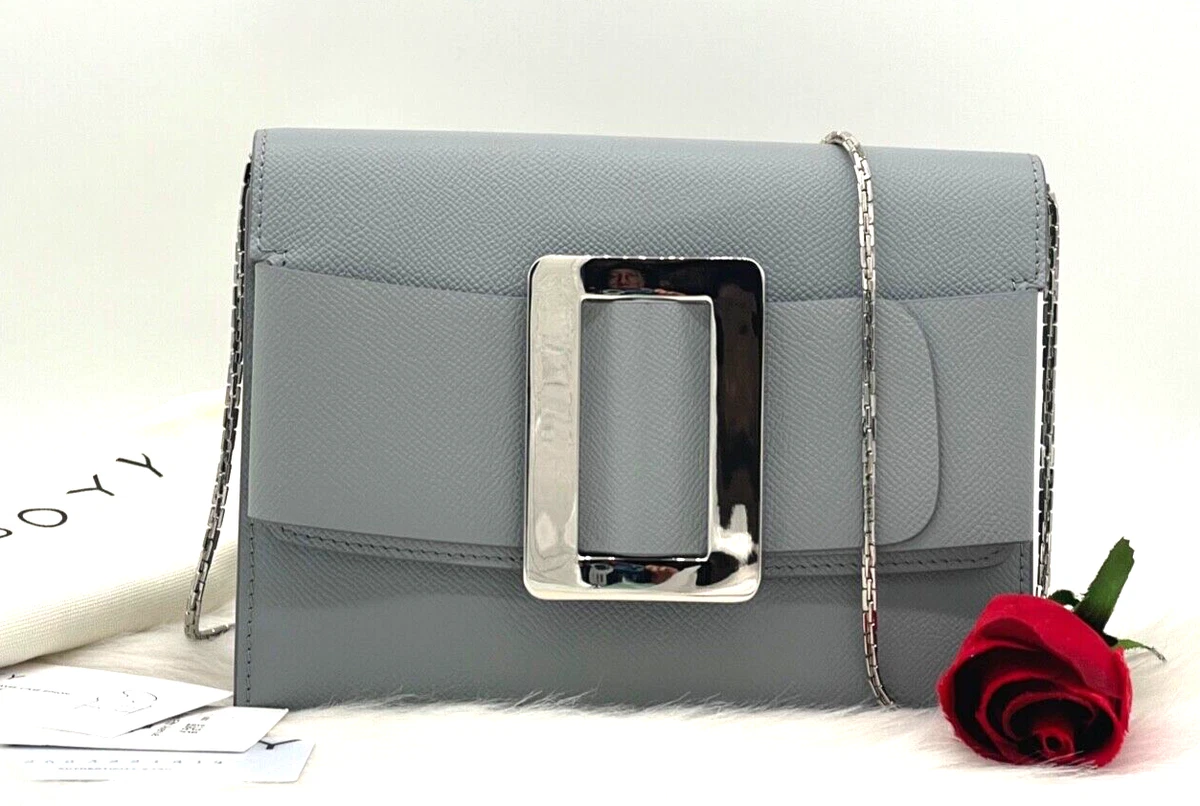 AUTH NWT $515 BOYY Buckle Leather Chain Strap Clutch Crossbody Bag In Ice  Grey