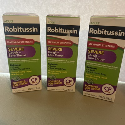 3 Robitussin adult SEVERE Cough + Sore Throat 4oz CF MAX cooling liquid 04/25,26