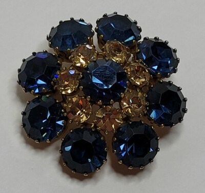 Broche Vintage En Cristal Bleu Et Métal Doré - Réf. K23, Bijou Fantaisie Occasion