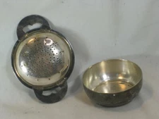 vintage antique Industrial Argentina tea sieve sifter strainer rest small bowl 