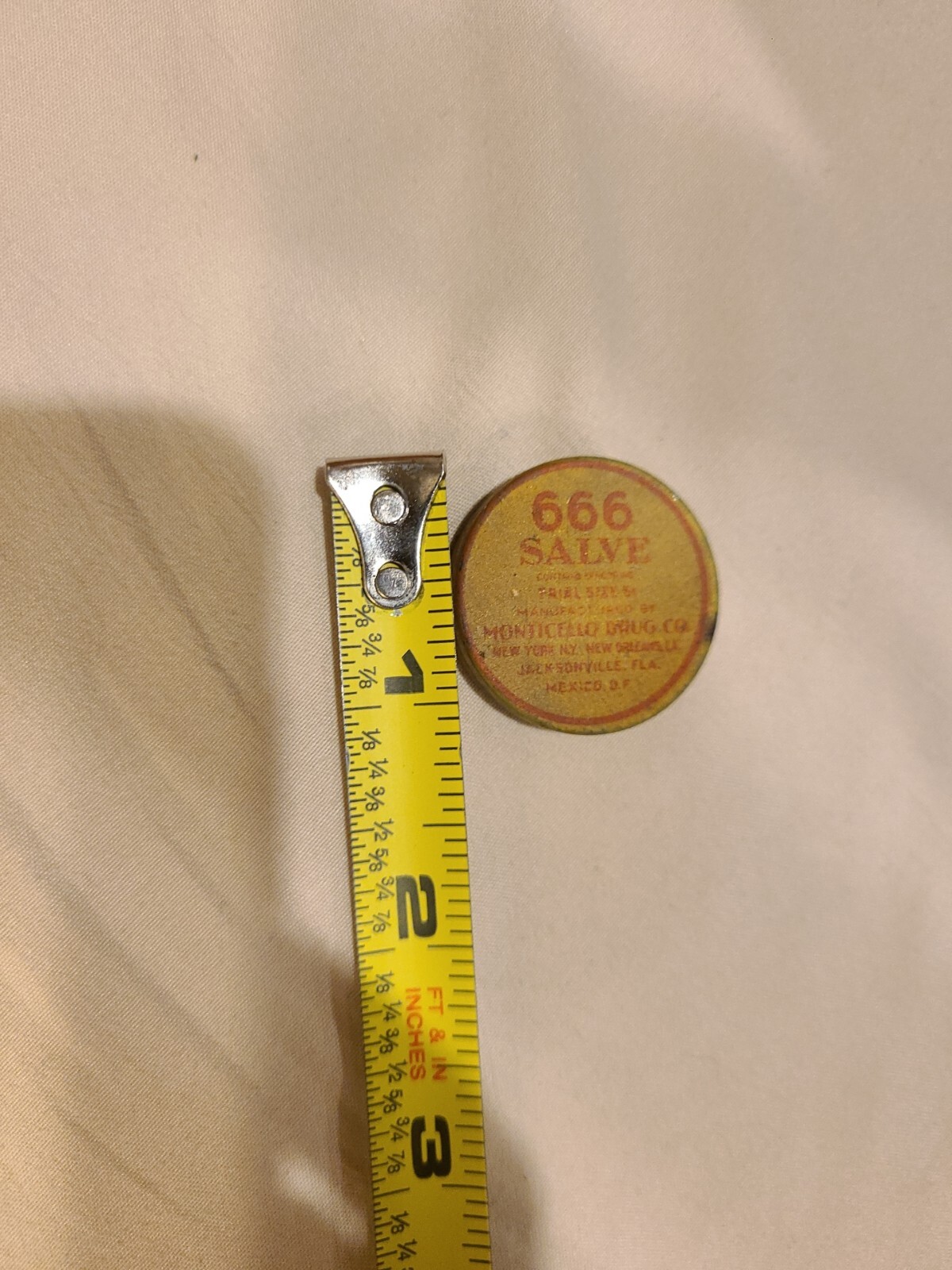 6 6 6 SALVE SAMPLE SIZE VINTAGE TIN, Monticello Drug Co., Jacksonville