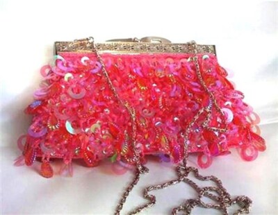 Beautfiul Womens Hot-Pink Sequin and Beaded Evening beaded Bag Clutch Purse 149