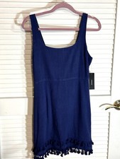 Lulus S Dress Linen Blend Tank Blue Sleeveless Fringe Hem NWT Women