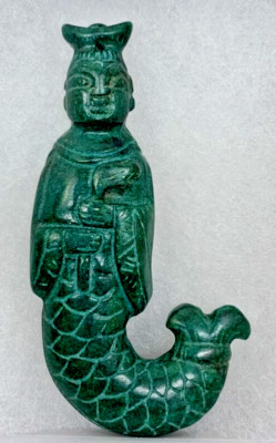 Rare Exquisite Asian Ningyo Renyu Malachite Merman w/Scepter Shaku Ruyi 43.40G