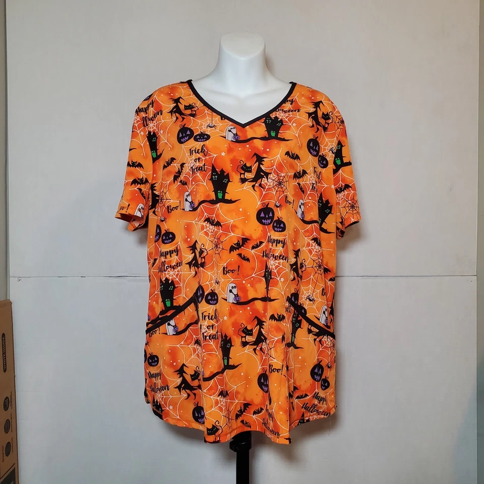 Women's Scrubstar Orange Halloween Witch Ghost Bat Scrub Top Shirt Medium - Image 4 of 4