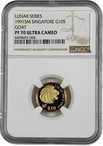 1991 SM Singapore 1/10 oz Goat Lunar Series 10 Singold Proof Coin NGC PF 70 UC