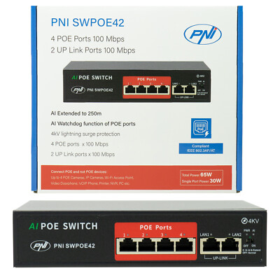 Switch POE PNI SWPOE42, 4 POE 100 Mbit/s-Ports und 2 UP Link 100 Mbit/s-Ports, 6