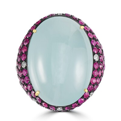 Aquamarine, Ruby and Diamond Victorian Dome Ring in 18k/925 Gold