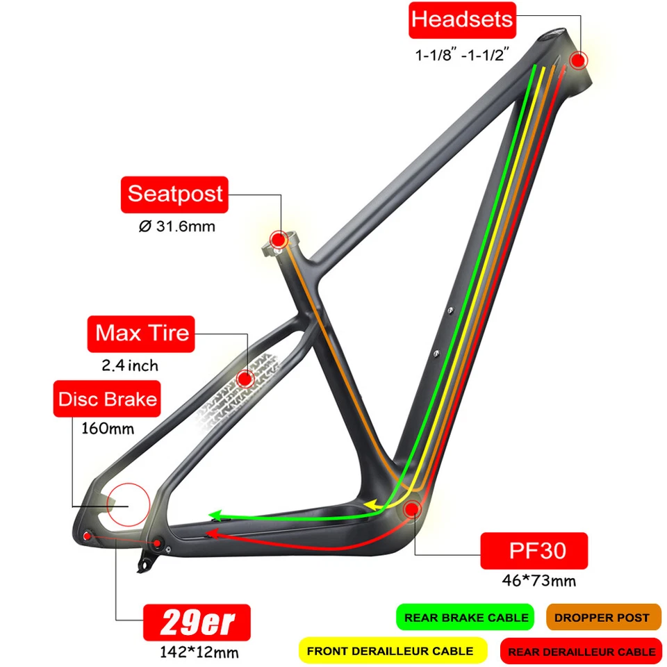 Airwolf Carbon 29er MTB Frame Mountain Bike Hardtail Cyclocross Bicycle 142*12 - image 4 of 4